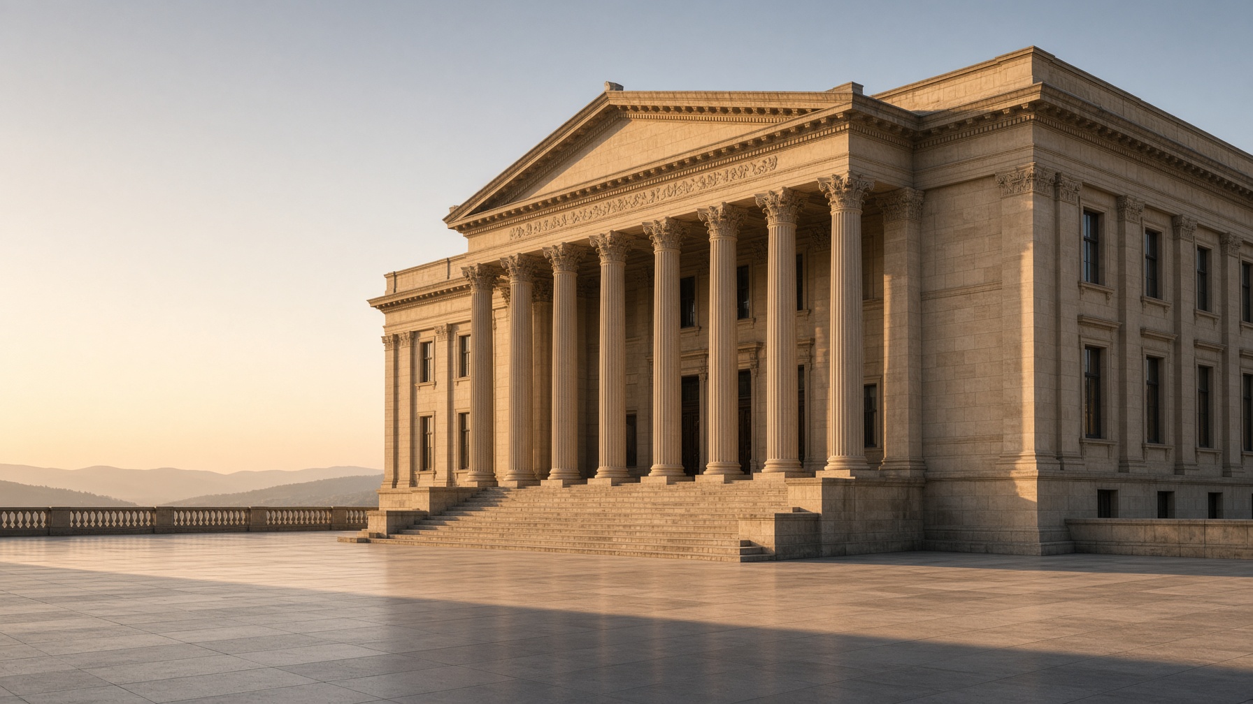 A sandstone civic building at dawn