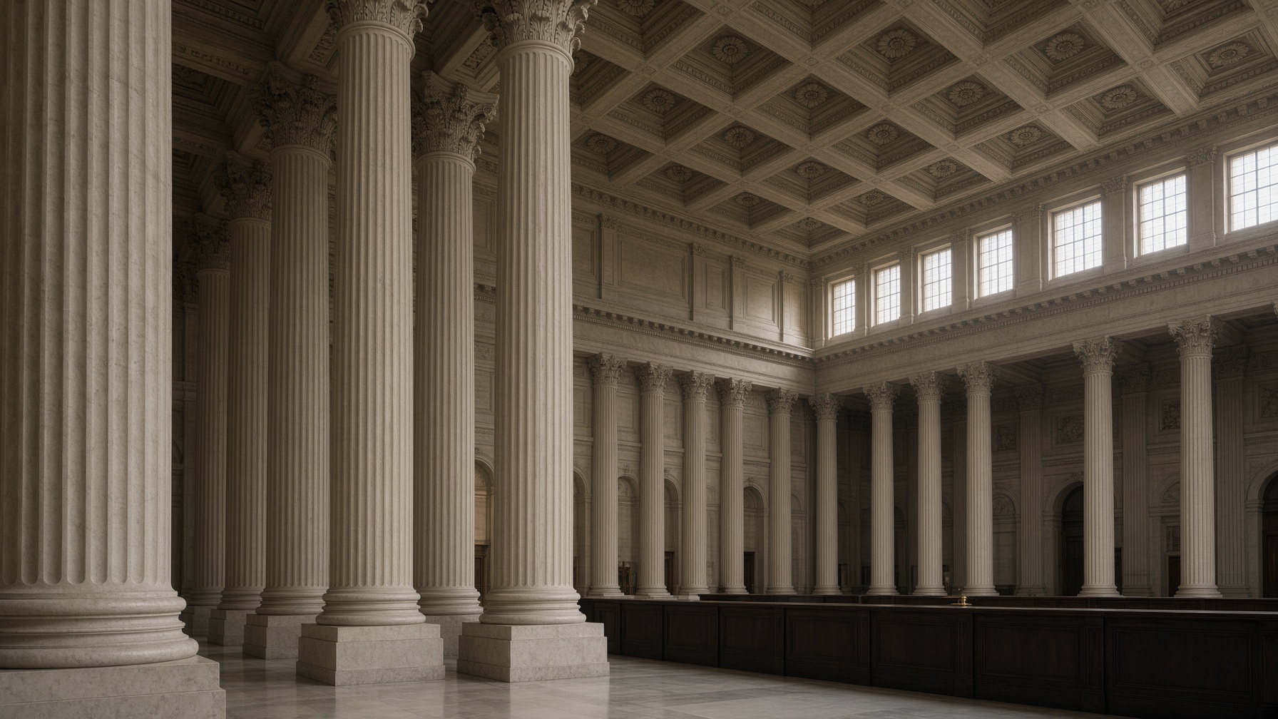 Institutional hall with stone columns and a long wooden counter