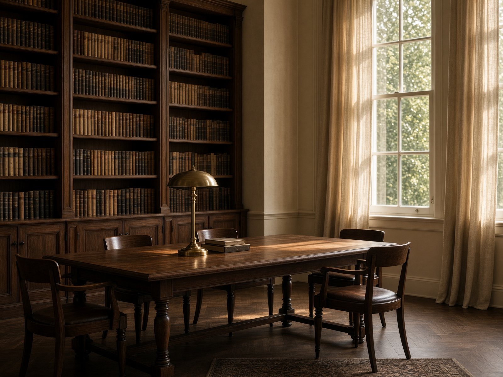 A quiet professional library in warm afternoon light